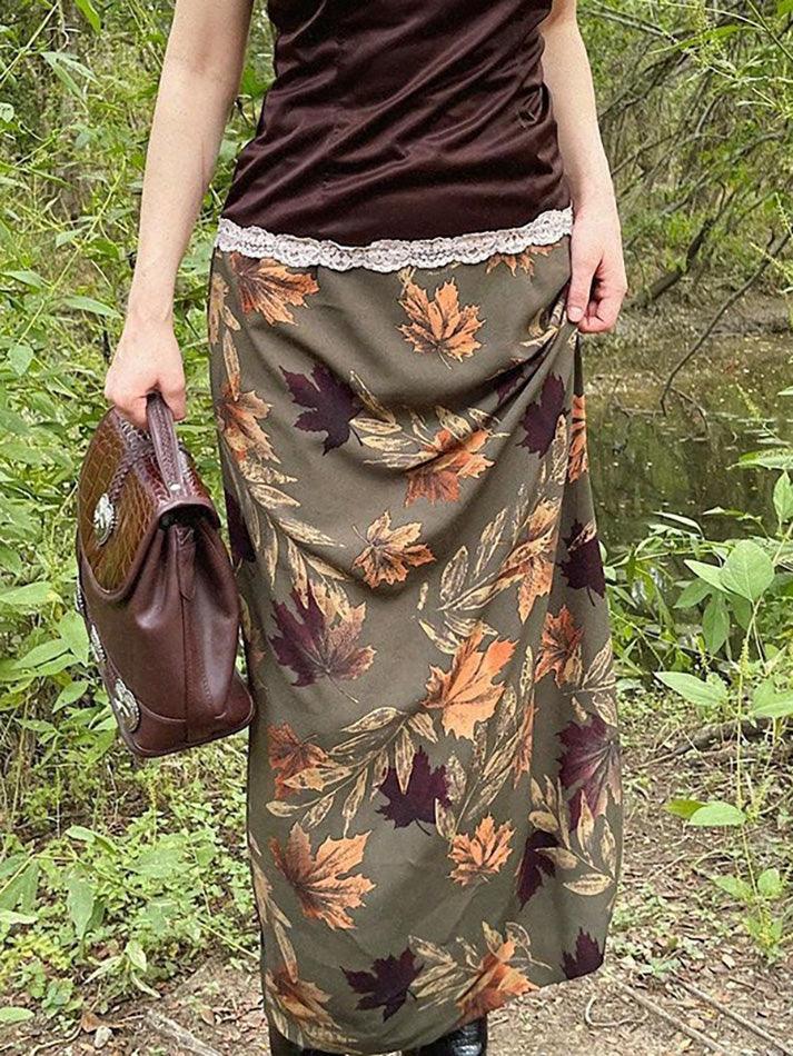 Vintage Maple Leaf Print Slit Skirt