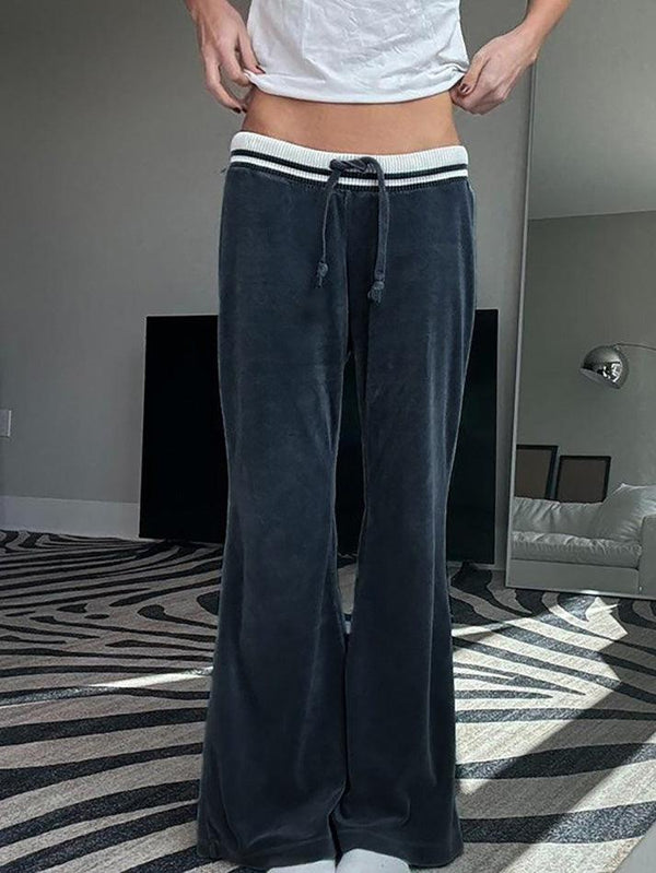 Contrast Striped Waistband Velvet Flare Pants