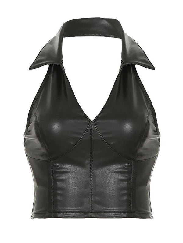 Halter V-Neck Cuffed PU Leather Crop Top