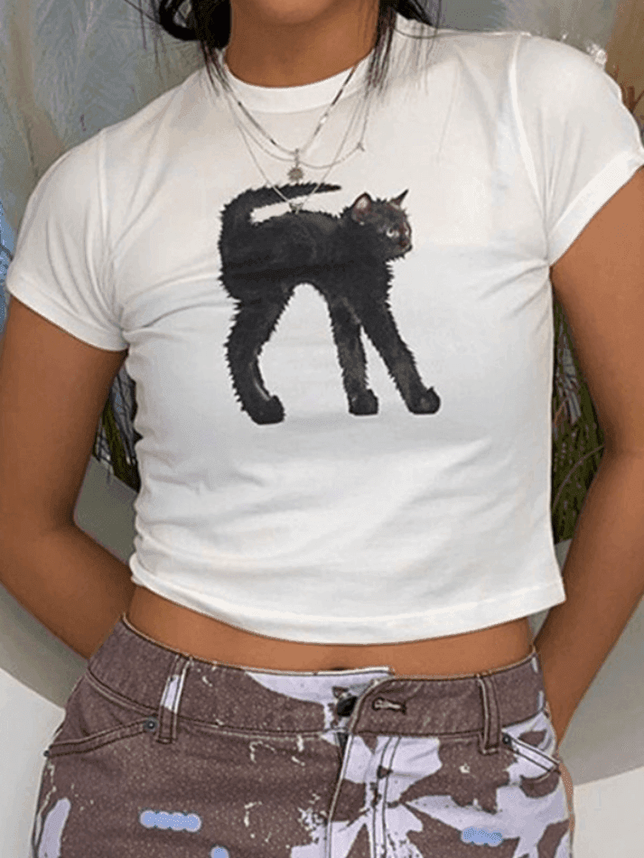 Black Cat Printed Crop Top - AnotherChill