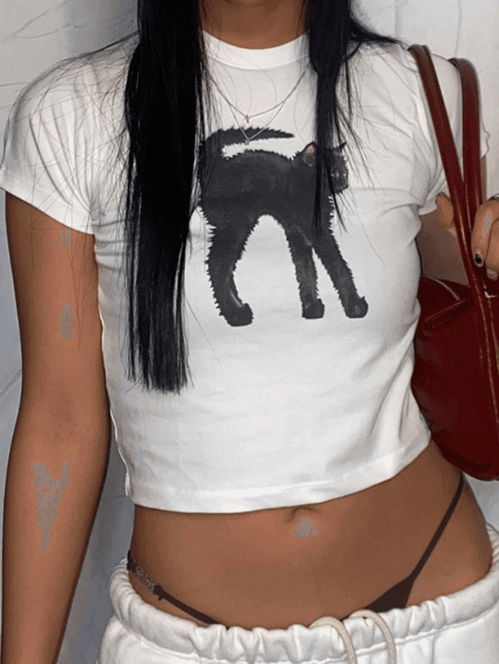 Black Cat Printed Crop Top - AnotherChill