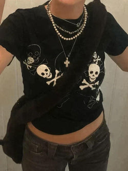 Black Short Sleeve Skull Crop Top - AnotherChill