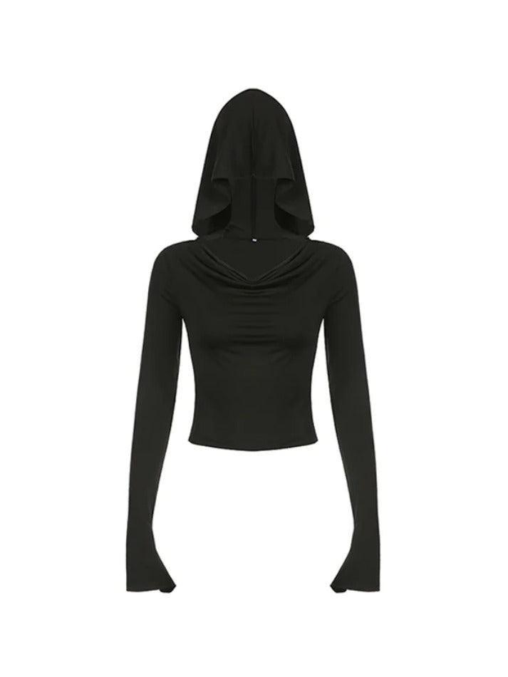 Black Stacked Neck Hooded Slim Long Sleeve Tee - AnotherChill