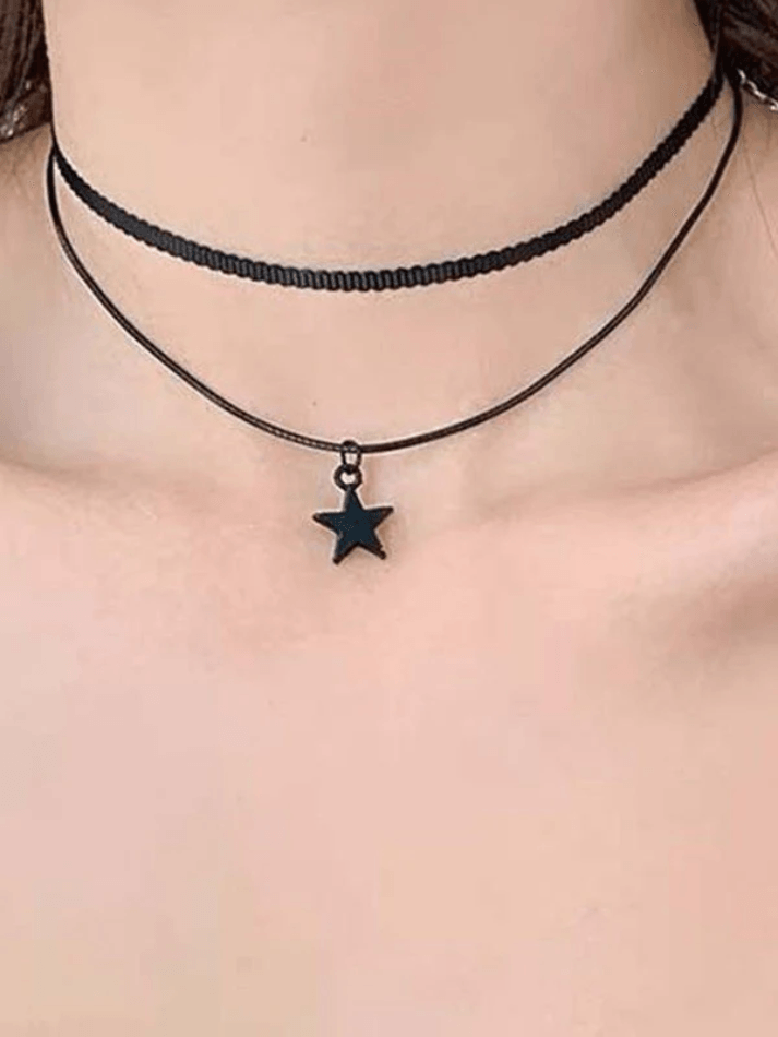 Black Star Double Layered Choker Necklace - AnotherChill