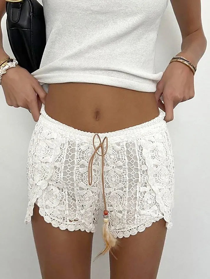 Boho Solid Low-Waist Hollow-Out Shorts - AnotherChill