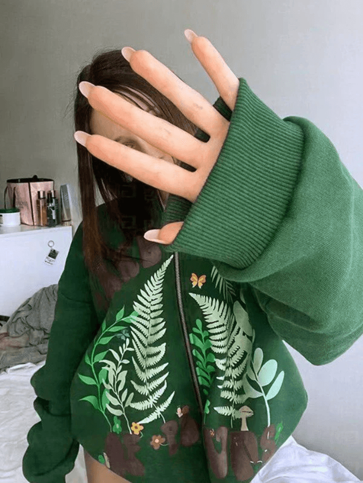 Botanical Print Green Zip-Up Hoodie - AnotherChill