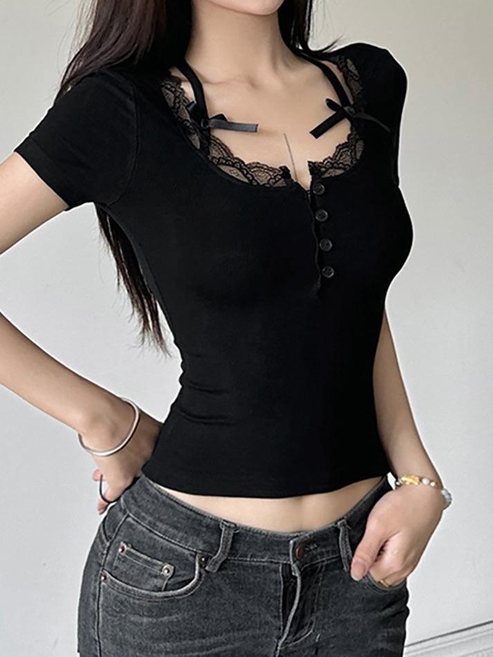 Bow Accent Lace-Trim Half-Button Plain Slim-Fit Crop Top - AnotherChill