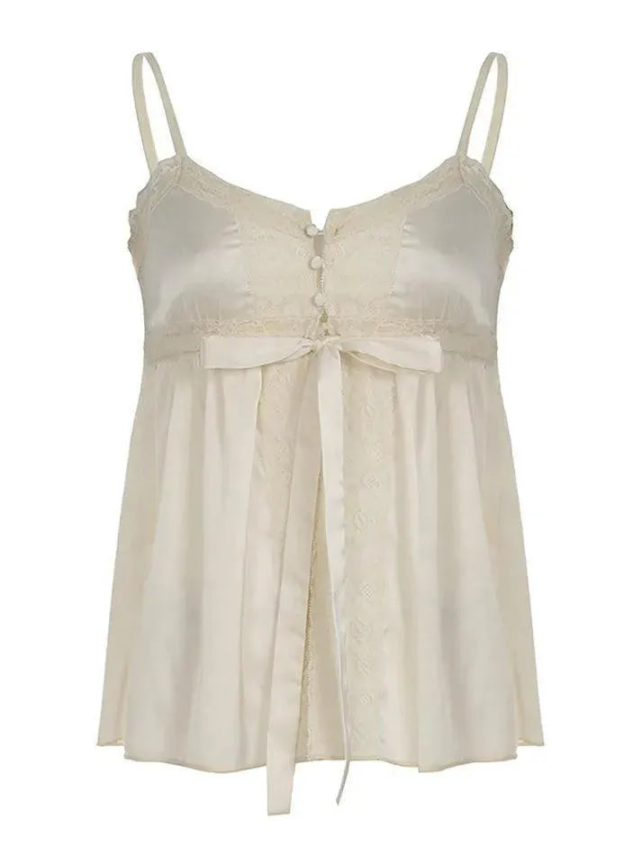 Bow Lace Buttoned Split Cami Top - AnotherChill