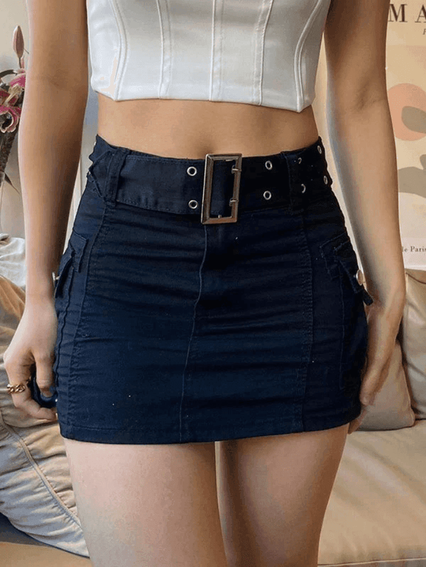 Buckle Belt Denim Cargo Mini Skirt - AnotherChill
