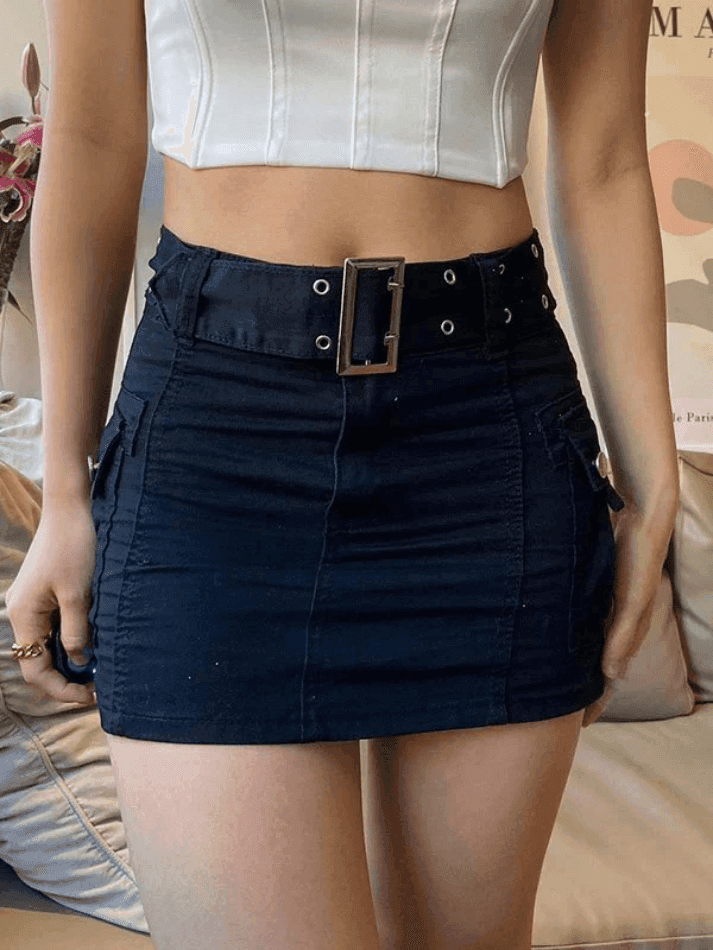 Buckle Belt Denim Cargo Mini Skirt - AnotherChill