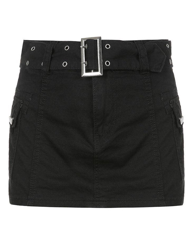 Buckle Belt Low Waist Denim Mini Skirt - AnotherChill