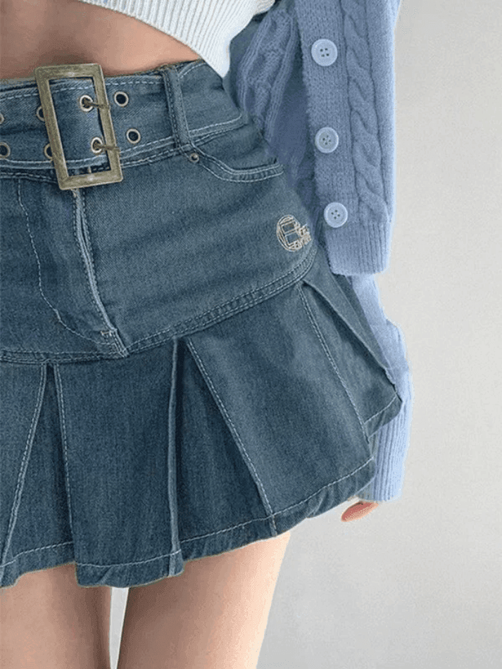 Buckle Belt Pleated Denim Mini Skirt - AnotherChill