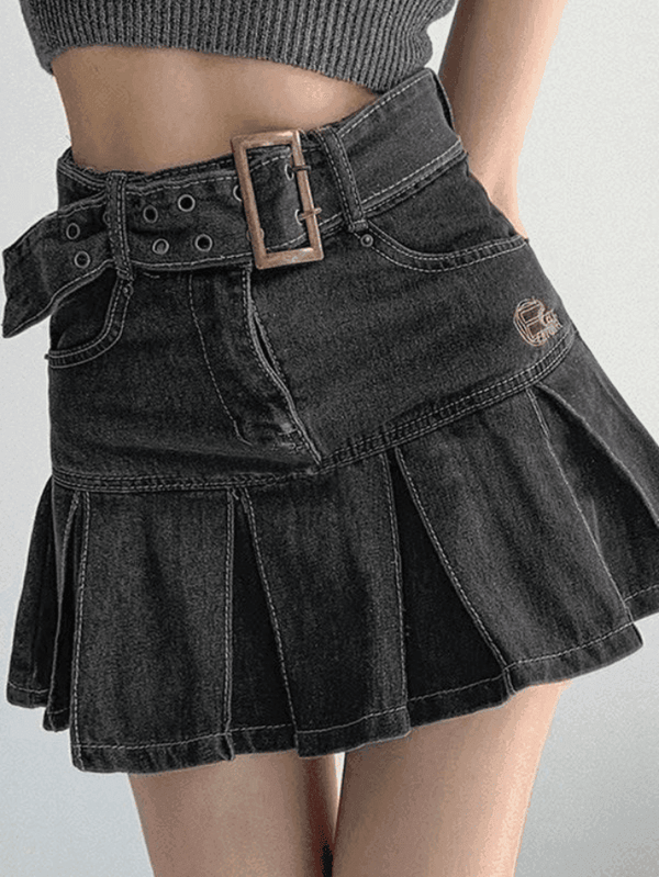 Buckle Belt Pleated Denim Mini Skirt - AnotherChill