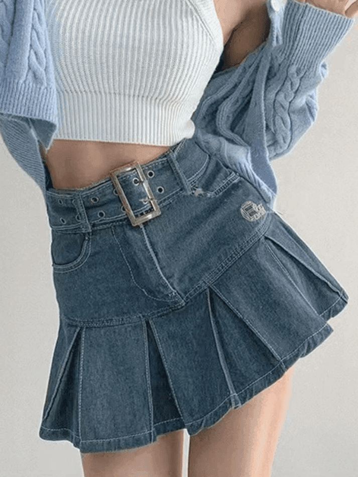 Buckle Belt Pleated Denim Mini Skirt - AnotherChill