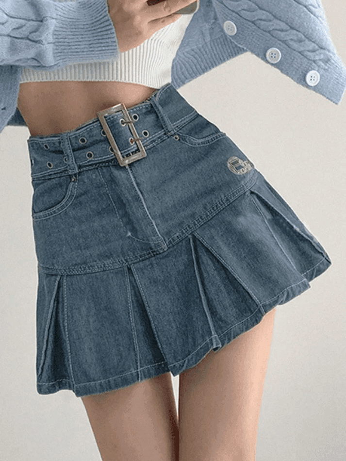 Buckle Belt Pleated Denim Mini Skirt - AnotherChill