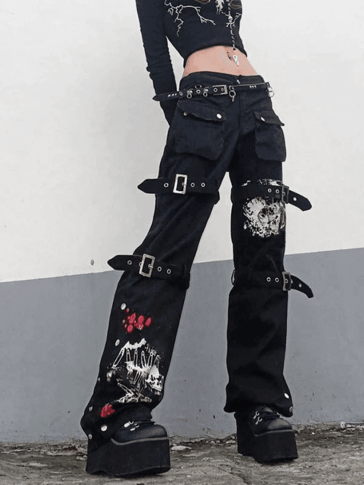 Buckle Strap Printed Cargo Jeans - AnotherChill