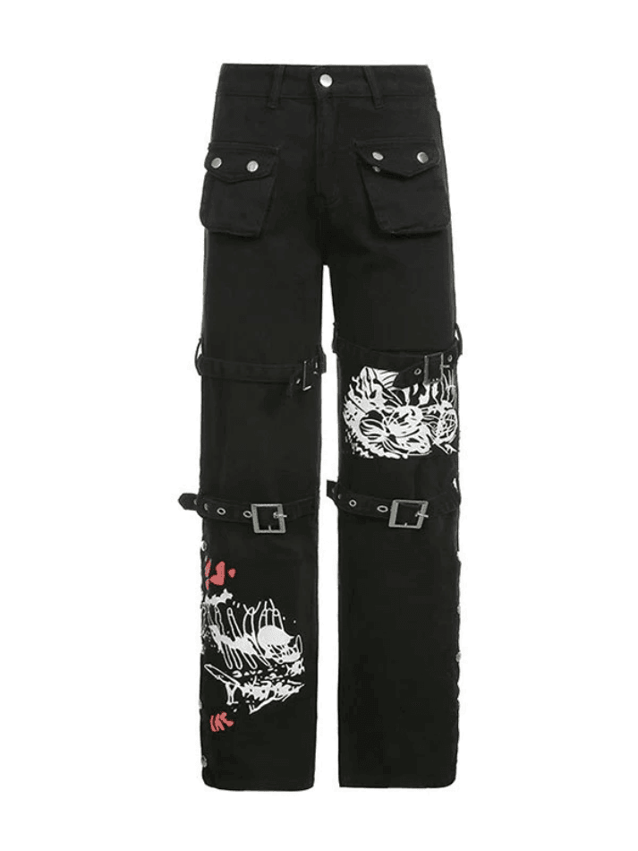 Buckle Strap Printed Cargo Jeans - AnotherChill