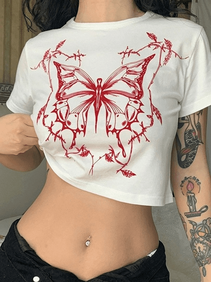 Butterfly Print White Crop Top - AnotherChill