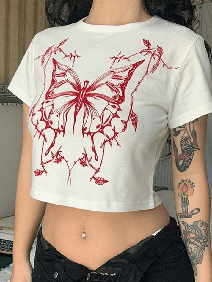 Butterfly Print White Crop Top - AnotherChill