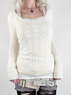 Solid Color Crew Neck Cable Knit Sweater