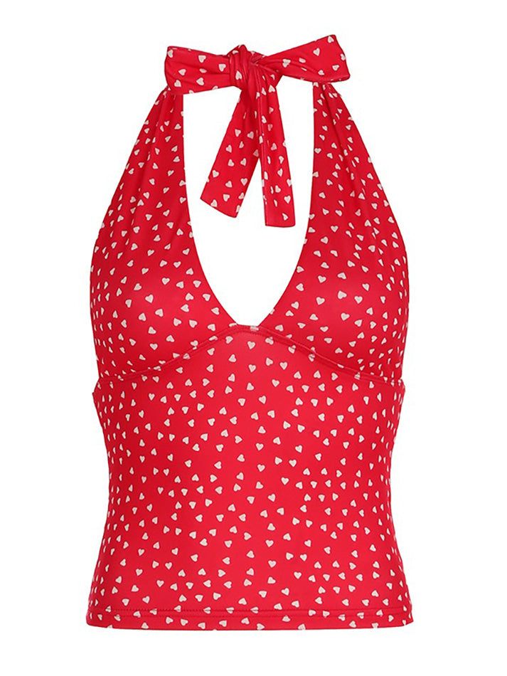 Polka Dot Print Deep V-Neck Halter Cami Top