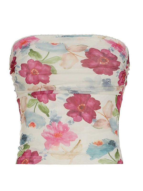 Floral Print Ruched Mesh Tube Top