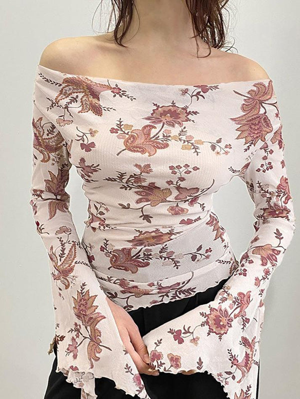 Off-Shoulder Floral Print Bell Sleeve Top