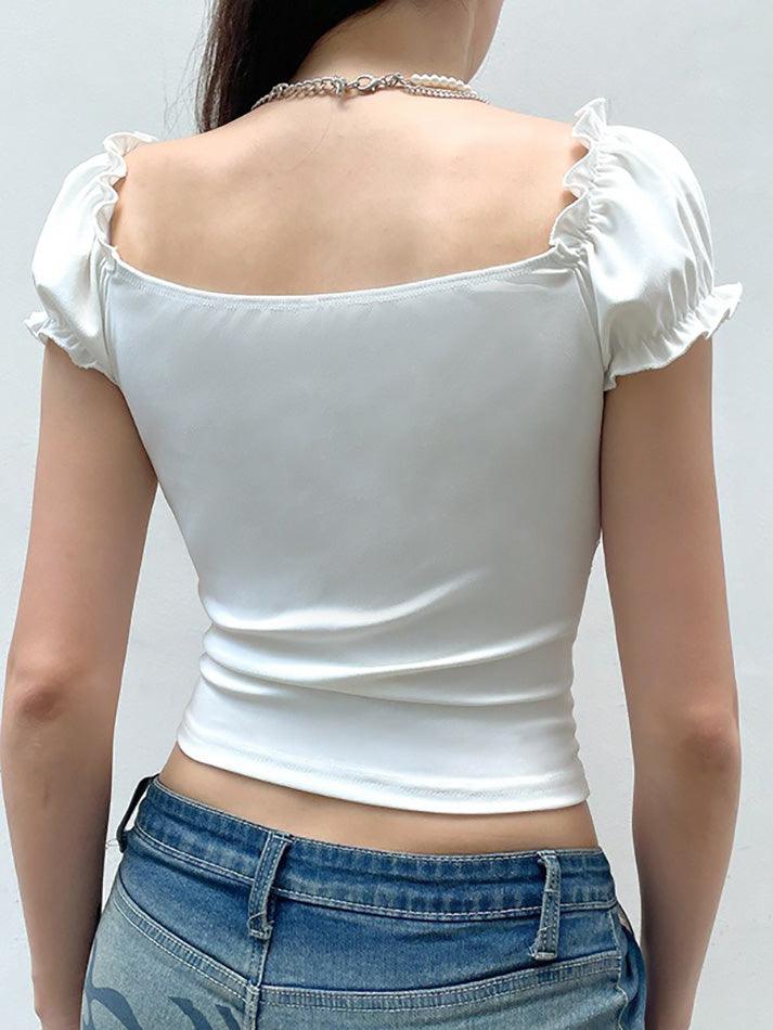 Ruffle Tie Solid White Bubble Sleeve Tee - AnotherChill