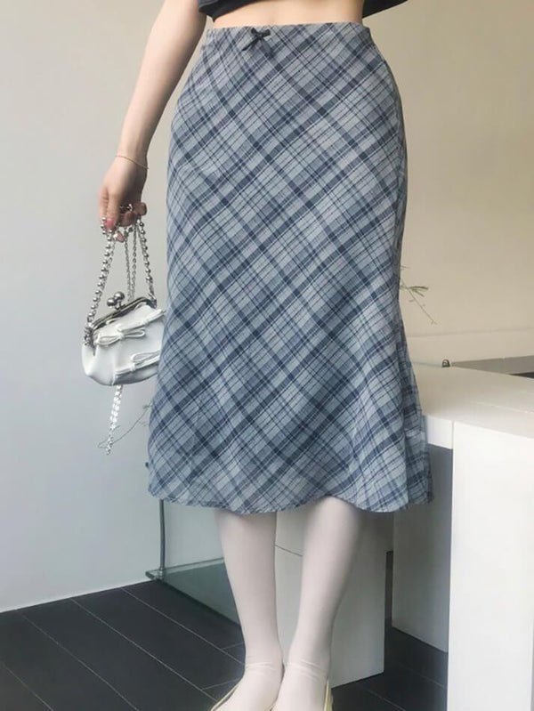 High Waist Bow Accent Plaid Mesh Midi Skirt - AnotherChill