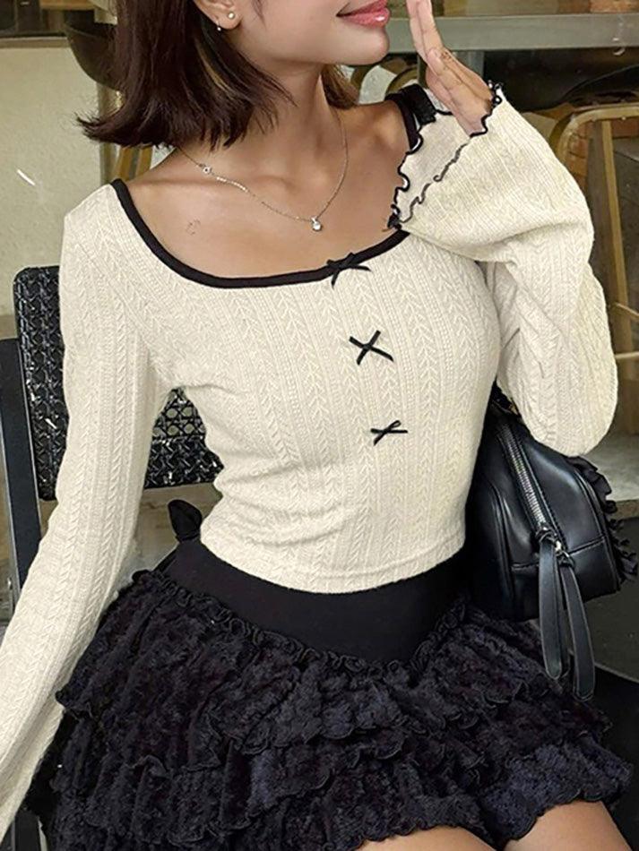 Textured Bow Bell Sleeve Top