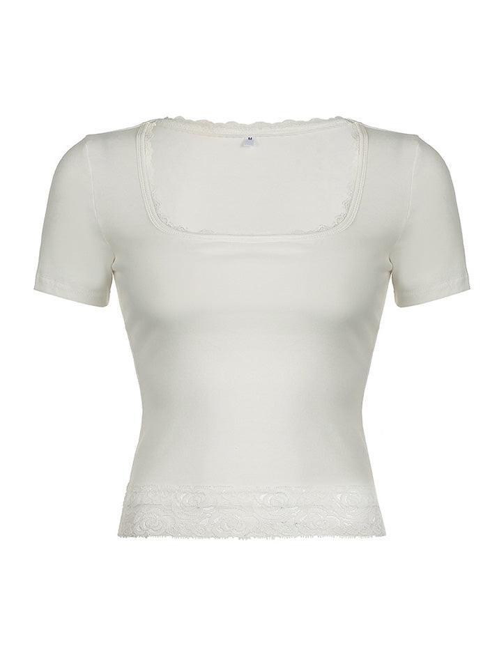 Lace Trim Splice Square Neck Crop Short Sleeve Tee - AnotherChill