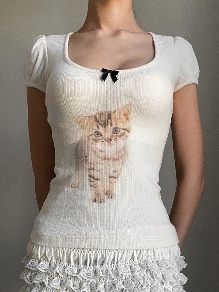 Cat Print Bow U Neck Tee - AnotherChill