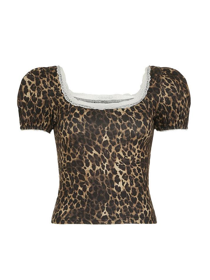 Lace Trim Leopard Print Square Neck Puff Sleeve Top