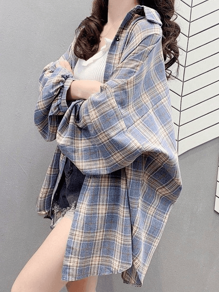 Checkered Baggy Long Sleeve Button Blouse - AnotherChill