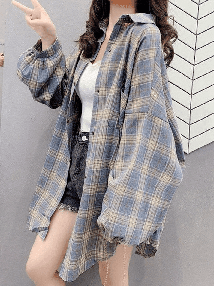 Checkered Baggy Long Sleeve Button Blouse - AnotherChill