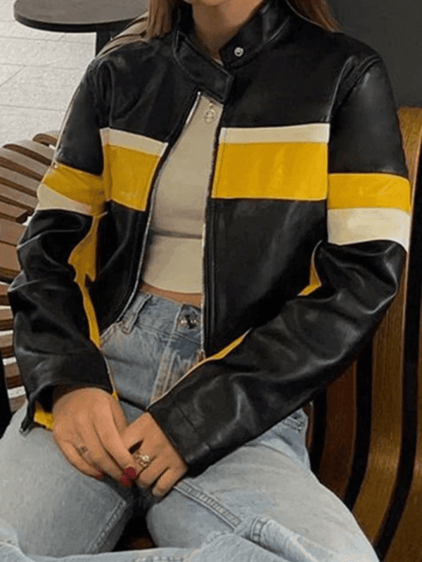 Color Block Cropped Pu Leather Moto Jacket - AnotherChill