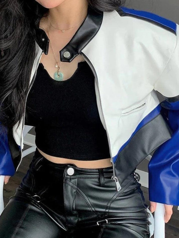 Color Block Pu Leather Cropped Moto Jacket - AnotherChill