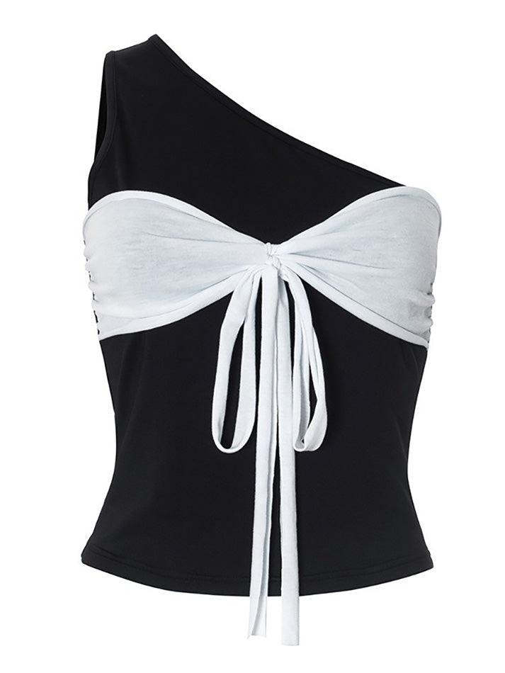 Contrast Asymmetrical Neck Bow Tie Tank Top - AnotherChill