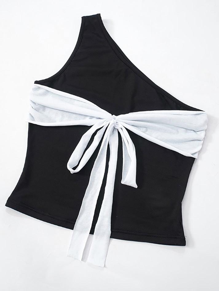 Contrast Asymmetrical Neck Bow Tie Tank Top - AnotherChill