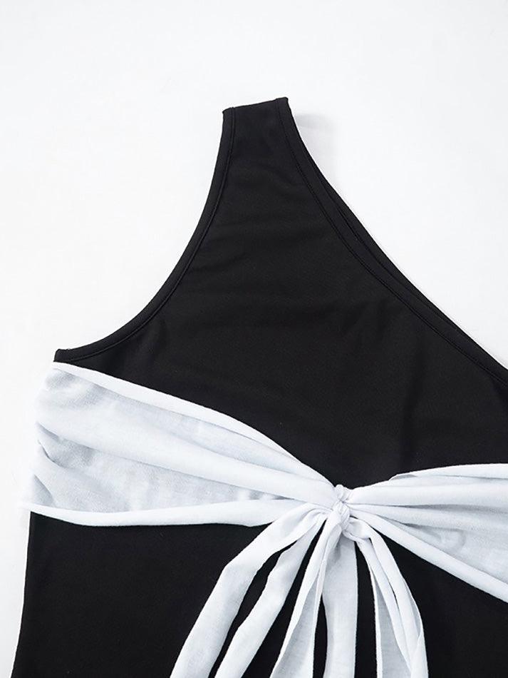 Contrast Asymmetrical Neck Bow Tie Tank Top - AnotherChill