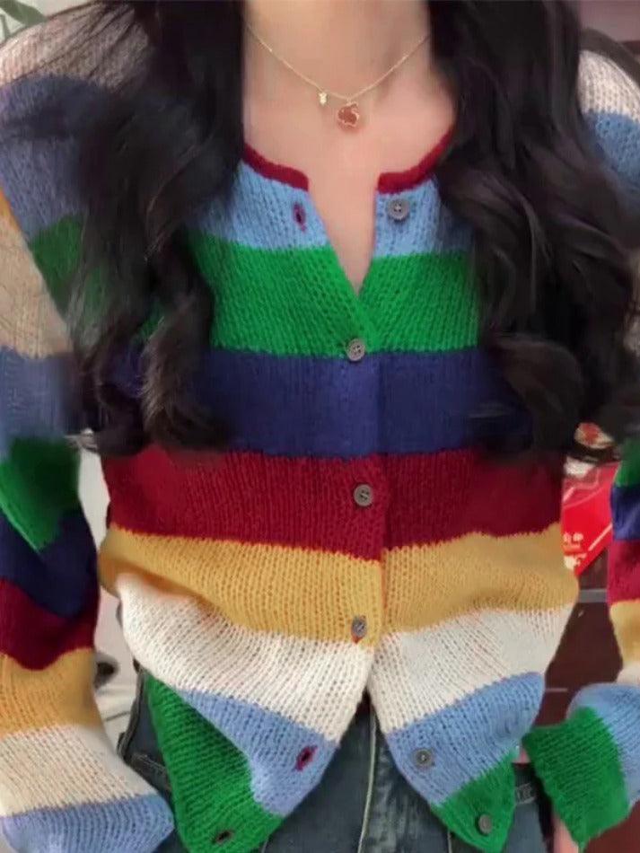 Contrast Color Rainbow Stripe Cardigan - AnotherChill