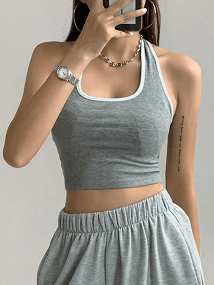 Contrast Trim Cropped Halter Tank Top - AnotherChill