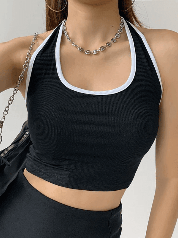 Contrast Trim Cropped Halter Tank Top - AnotherChill