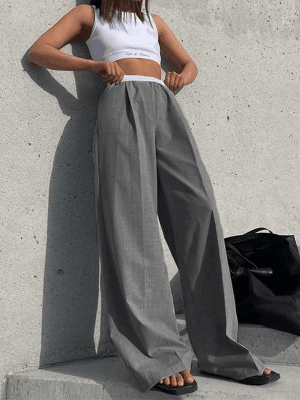 Contrast Waist Gray Baggy Tailored Pants - AnotherChill
