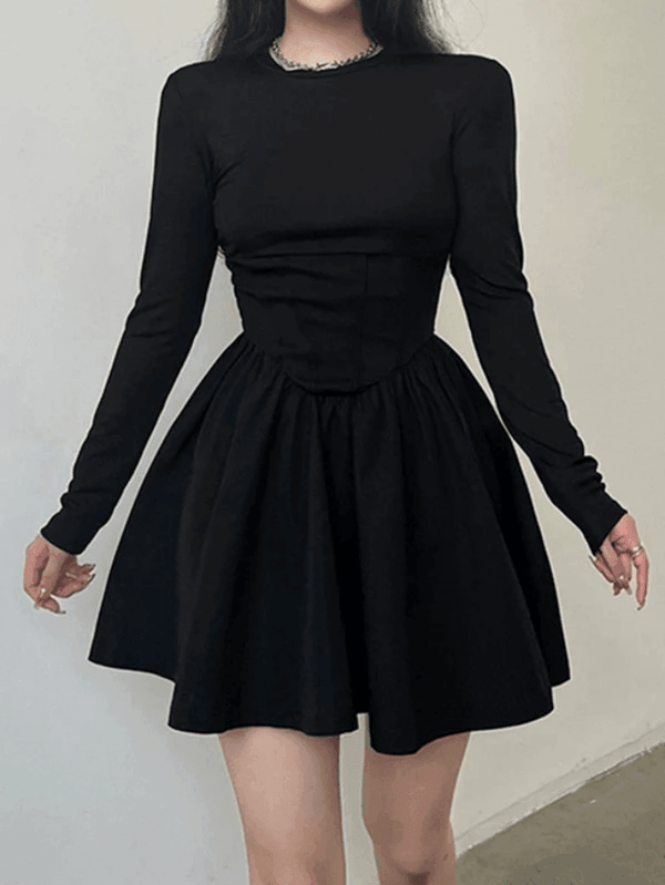 Corset Detail Black Long Sleeve Mini Dress - AnotherChill