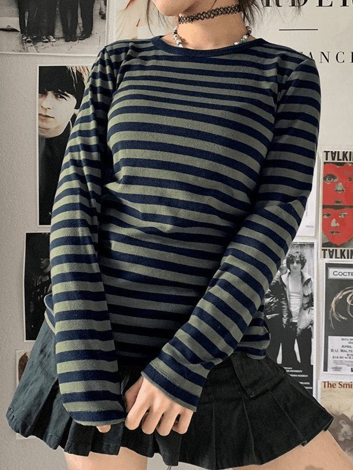 Crew Neck Striped Long Sleeve Tee - AnotherChill
