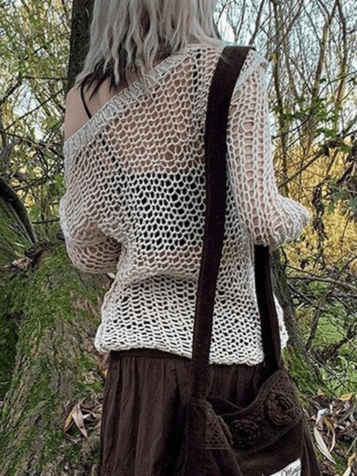 Crochet Hollow Long Sleeve Knit Top - AnotherChill