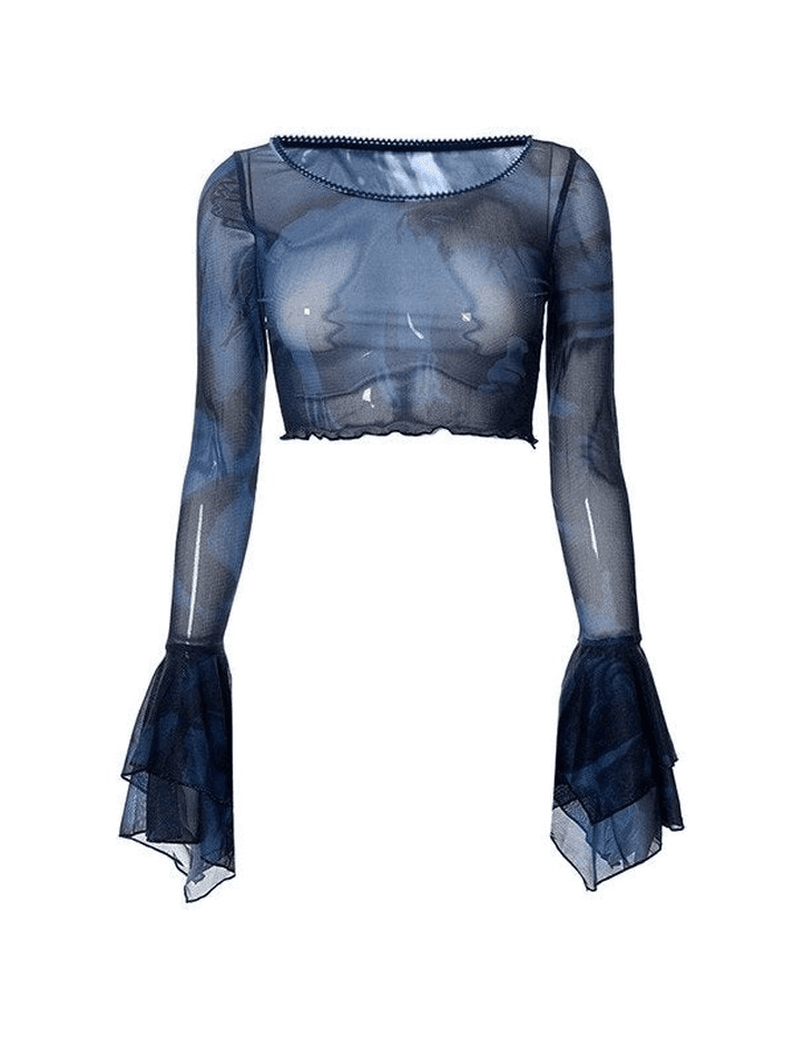 Cropped Flare Cuffs Mesh Blouse - AnotherChill