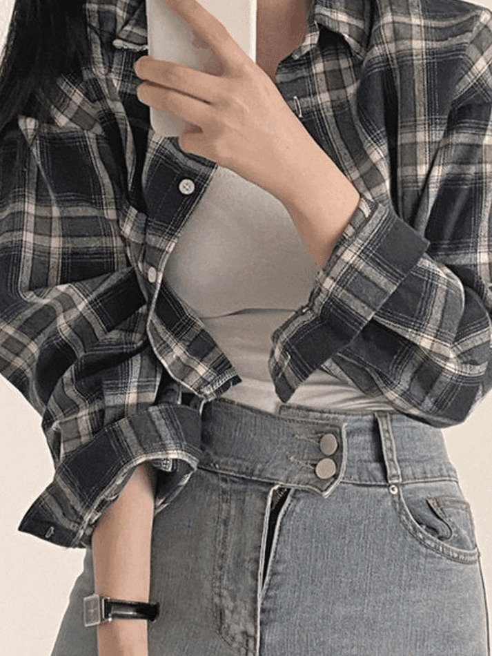 Cropped Long Sleeve Checkered Blouse AnotherChill