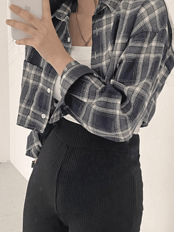 Cropped Long Sleeve Checkered Blouse AnotherChill